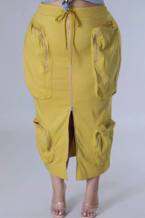 Yellow Sweet Solid Patchwork Draw String Pocket Zipper Straight Mid Waist Straight Patchwork Bottoms