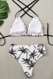 White Sportswear Print Bandage Patchwork Swimwears