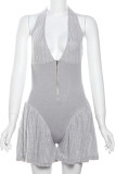 Grey Sexy Patchwork Backless Zipper Halter Regular Rompers
