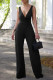 Black Sexy Solid Patchwork Fold V Neck Loose Jumpsuits