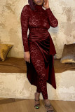 Burgundy Street Solid Lace Patchwork See-through High Opening Fold Half A Turtleneck Long Sleeve Two Pieces