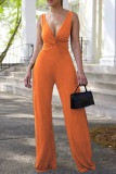Green Sexy Solid Patchwork Fold V Neck Loose Jumpsuits