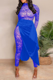 Blue Street Solid Lace Patchwork See-through High Opening Fold Half A Turtleneck Long Sleeve Two Pieces