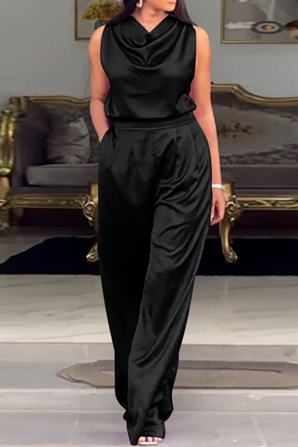 Black Street Solid Patchwork Pocket Fold O Neck Sleeveless Two Pieces