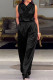 Black Street Solid Patchwork Pocket Fold O Neck Sleeveless Two Pieces