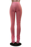 Red Casual Solid Patchwork Slit Fold Skinny Mid Waist Speaker Solid Color Bottoms
