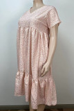 Pink Sweet Print Patchwork V Neck A Line Plus Size Dresses