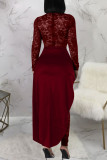 Burgundy Street Solid Lace Patchwork See-through High Opening Fold Half A Turtleneck Long Sleeve Two Pieces