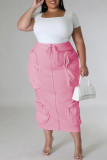 Pink Sweet Solid Patchwork Draw String Pocket Zipper Straight Mid Waist Straight Patchwork Bottoms