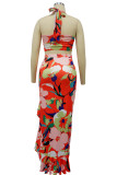 Red Sexy Print Patchwork High Opening Halter Sleeveless Two Pieces