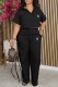 Black Work Elegant Print Letter Turndown Collar Short Sleeve Two Pieces