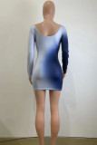 Blue Street Gradient Patchwork V Neck Wrapped Skirt Dresses