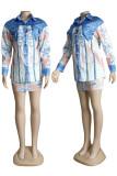 Blue Elegant Print Patchwork Buckle Turndown Collar Long Sleeve Two Pieces