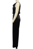 Purple Street Solid Patchwork Pocket Fold O Neck Sleeveless Two Pieces