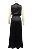 Black Street Solid Patchwork Pocket Fold O Neck Sleeveless Two Pieces