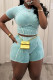 Cyan Casual Solid Patchwork O Neck Short Sleeve Two Pieces
