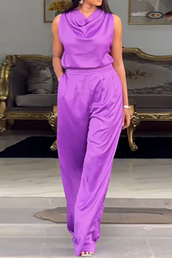 Purple Street Solid Patchwork Pocket Fold O Neck Sleeveless Two Pieces