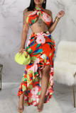 Red Sexy Print Patchwork High Opening Halter Sleeveless Two Pieces