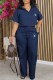 Navy Work Elegant Print Letter Turndown Collar Short Sleeve Two Pieces