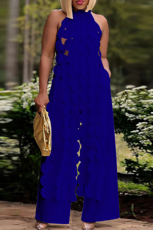 Colorful Blue Street Solid Patchwork Pocket High Opening O Neck Sleeveless Two Pieces