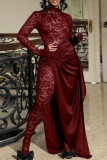 Blue Street Solid Lace Patchwork See-through High Opening Fold Half A Turtleneck Long Sleeve Two Pieces