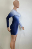 Blue Street Gradient Patchwork V Neck Wrapped Skirt Dresses