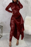 Blue Street Solid Lace Patchwork See-through High Opening Fold Half A Turtleneck Long Sleeve Two Pieces
