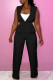 Black Street Solid Patchwork Buttons Turn-back Collar Sleeveless Two Pieces