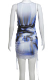 Blue Street Print Bandage Patchwork Fold O Neck Wrapped Skirt Dresses