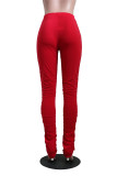 Red Casual Solid Patchwork Slit Fold Skinny Mid Waist Speaker Solid Color Bottoms