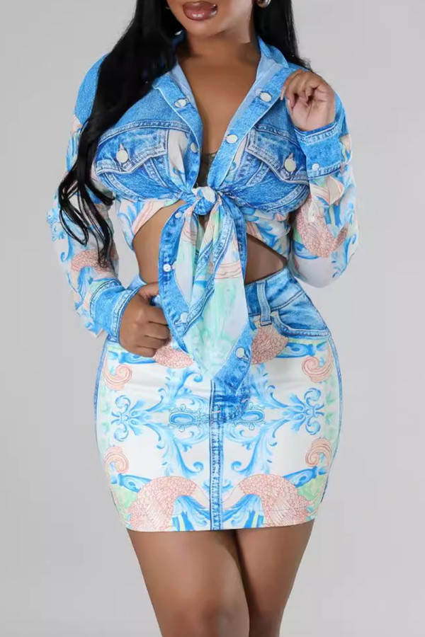 Blue Elegant Print Patchwork Buckle Turndown Collar Long Sleeve Two Pieces