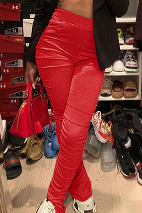 Red Casual Solid Patchwork Slit Fold Skinny Mid Waist Speaker Solid Color Bottoms