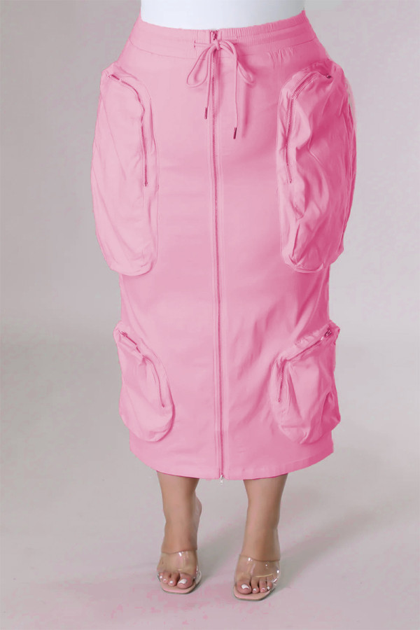Pink Sweet Solid Patchwork Draw String Pocket Zipper Straight Mid Waist Straight Patchwork Bottoms