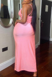 Pink Street Solid Patchwork Backless High Opening Halter Long Dresses