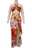 Red Sexy Print Patchwork High Opening Halter Sleeveless Two Pieces