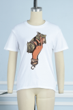 White Casual Print Patchwork O Neck T-Shirts