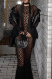 Black Sexy Solid Lace Patchwork See-through O Neck Trumpet Mermaid Dresses