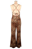 Leopard Print Elegant Leopard Bandage Patchwork Backless Halter Loose Jumpsuits
