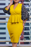 Yellow Elegant Dot Patchwork Flounce V Neck Pencil Skirt Dresses
