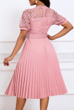 Rose Red Elegant Solid Hollowed Out Patchwork With Belt Pleated O Neck A Line Dresses