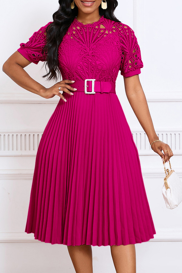 Rose Brown Elegant Solid Hollowed Out Patchwork With Belt Pleated O Neck A Line Dresses