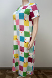 Multicolor Casual Plaid Love Print Patchwork O Neck Straight Plus Size Dresses