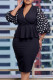 Black Elegant Dot Patchwork Flounce V Neck Pencil Skirt Dresses