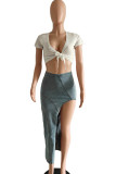 Baby Blue Elegant Solid Patchwork High Opening Regular High Waist Patchwork Bottoms
