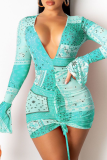 Cyan Sexy Print Mesh V Neck Pencil Skirt Dresses