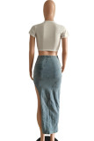 Baby Blue Elegant Solid Patchwork High Opening Regular High Waist Patchwork Bottoms