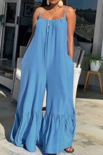 Blue Daily Solid Patchwork Backless Fold Spaghetti Strap Sling Plus Size Jumpsuits