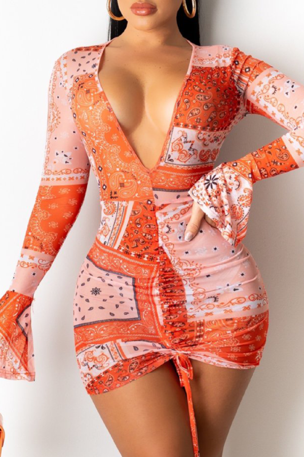 Tangerine Red Sexy Print Mesh V Neck Pencil Skirt Dresses