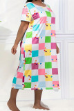 Multicolor Casual Plaid Love Print Patchwork O Neck Straight Plus Size Dresses