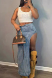 Baby Blue Elegant Solid Patchwork High Opening Regular High Waist Patchwork Bottoms